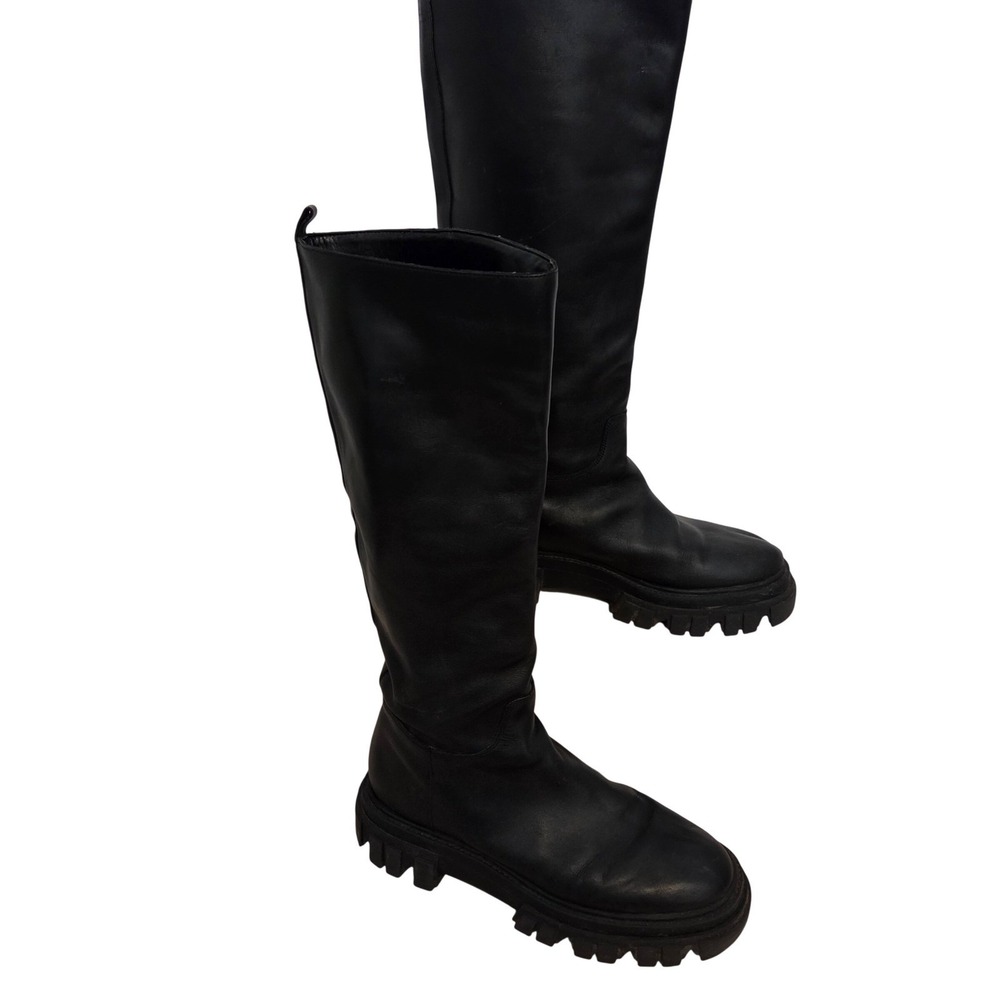 Marc Fisher LTD Malena Black Leather Lug Sole Knee High Combat Boots Womens 9M